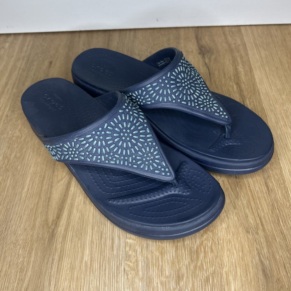 Crocs Womens 11 Monterey Diamante Wedge Sandals Blue Beaded Comfort Platform